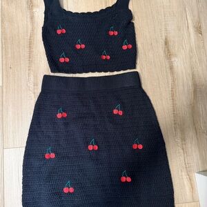 wild fable Black Knit Cherry Crop Top & Skirt Set
